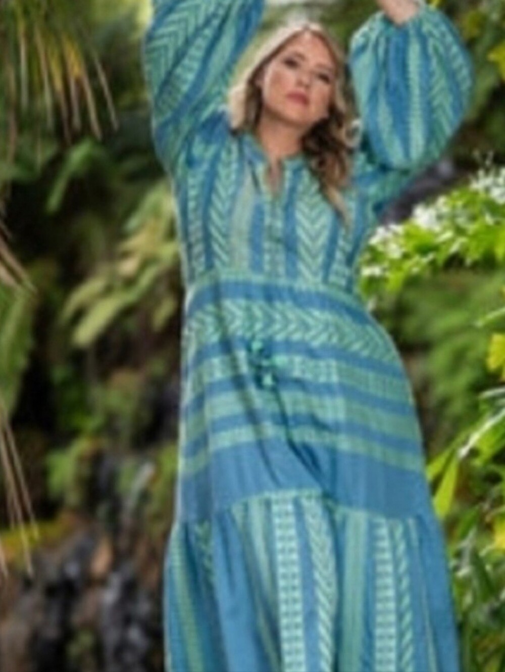 Just Bellina Blue and Green Printed V-Neck Boho Embroidered Maxi Dress